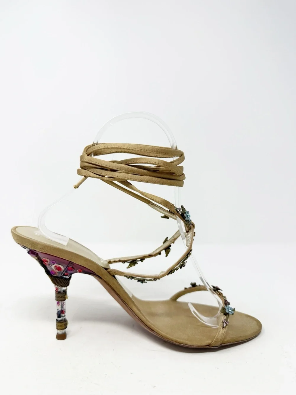 Giuseppe Zanotti Satin Floral Embellished Wrap Sandal Heels Womens Size 7.5 - Picture 8 of 11